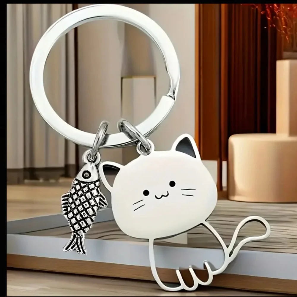 Silver Cat Keychain with Fish Charm